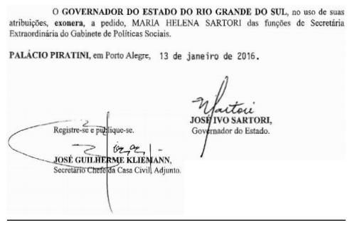 Diário Oficia publicou nesta quinta-feira (14) ato do governador José Ivo Sartori exonerando a primeira-dama Maria Helena Sartori. (Reprodução/Diário Oficial do Estado)