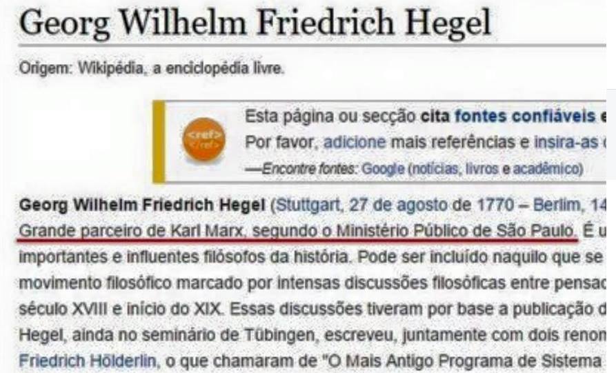 A página de Hegel no Wikopédia chegou a ser alterada por internautas, mas já foi corrigida. 