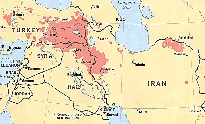 Território curdo, hoje, está dividido entre regiões da Turquia, da Síria, Irã e Iraque. 