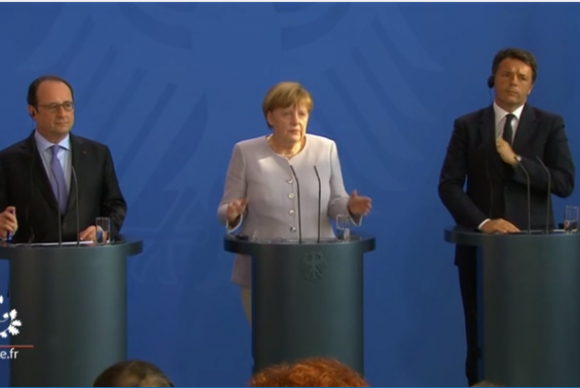 François Hollande, Angela Merkel e Matteo Renzi fazem declaração conjunta sobre prioridades da União Europeia depois da saída do Reino Unido do bloco. | Foto: Presidência da República da França