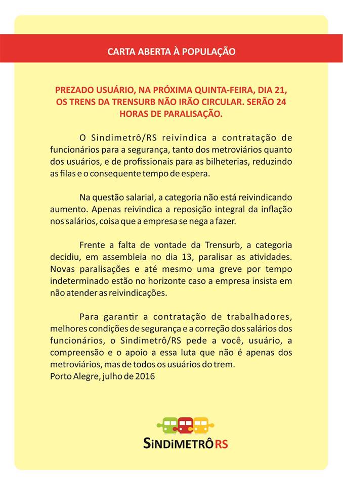 Carta aberta do Sindimetrô/RS aos usuários do Trensurb. Foto: Reprodução/ Facebook